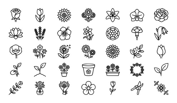 Flowers line 35 icon set with rose tulip sunflower bouquet and editable stroke vector collection