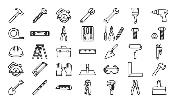 Construction tools flat line 35 icon set with hammer saw screwdriver and editable stroke vector collection