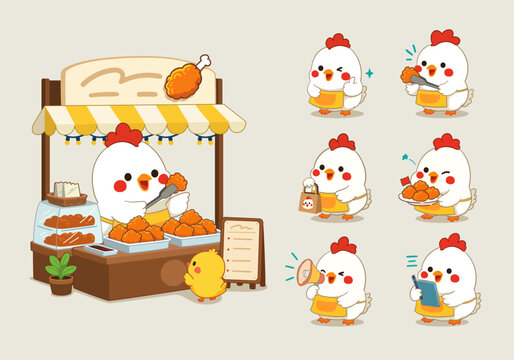 Cute Chicken Fried Chicken Shop Mascot Sticker Set