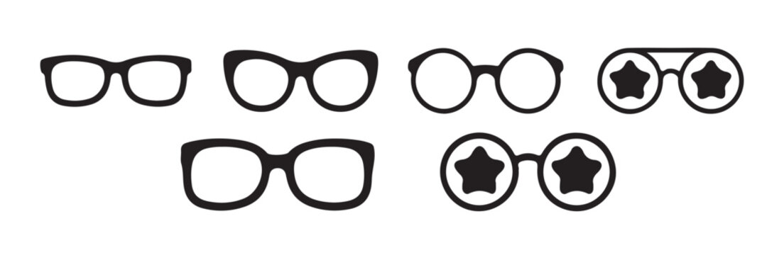Fashion eyeglasses icon set with star lenses for web design.