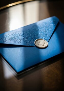 Elegant blue invitation envelope with embossed floral pattern and decorative wax seal on reflective surface.