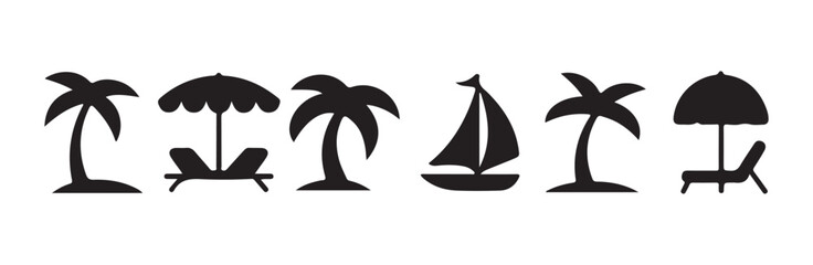 Beach icons set with palm trees, umbrella, sun lounger, and sailboat. © MdJahid