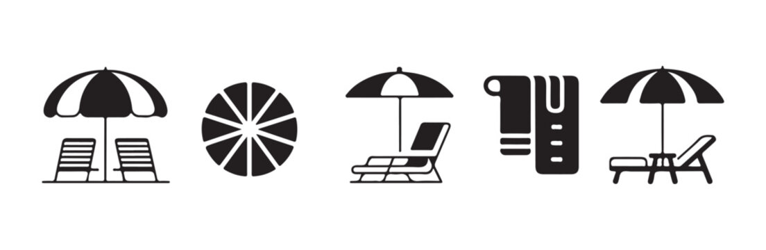 Beach icons set with umbrella chairs towel and sun.