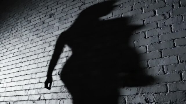Dark Shadow Silhouette of Walking Person Expanding on Textured White Brick Wall