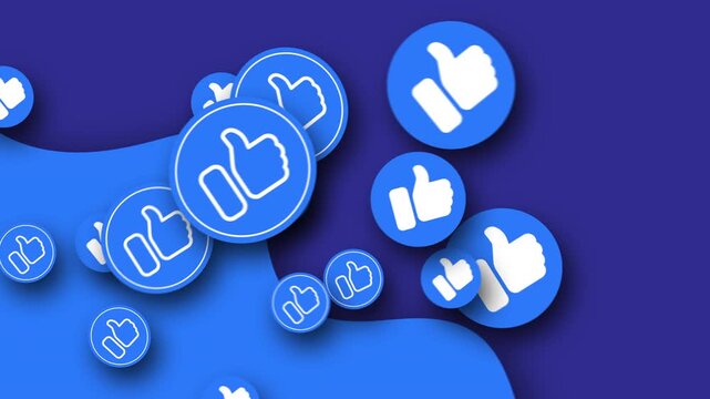 Animated like icons flying in and out with rotation on blue background, 4K loop