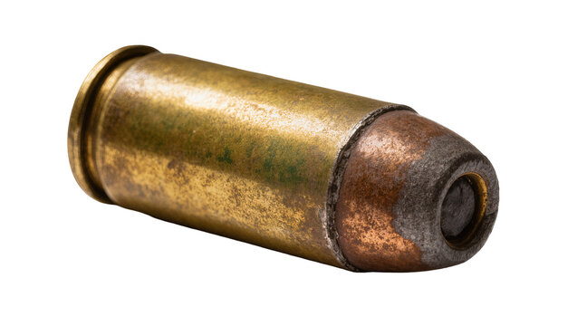 Isolated old tarnished brass cartridge with lead bullet for firearm on clean backdrop