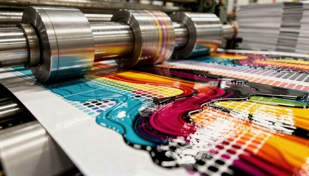 Fullcolor newspaper printing closeup highlighting fluid ink distribution and perfectly synchronized rollers with blurred stacks of freshly printed pages.