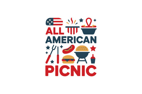 All American Picnic, Typography With Grill Soda Star And Flag Icons, Retro Palette, Poster Design, Summer Promotion And Picnic Designs