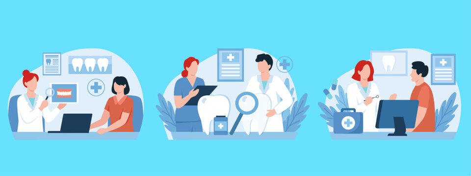 Dental clinic flat vector illustrations, professional dentists and patients in stomatology office, modern dentistry healthcare scenes set