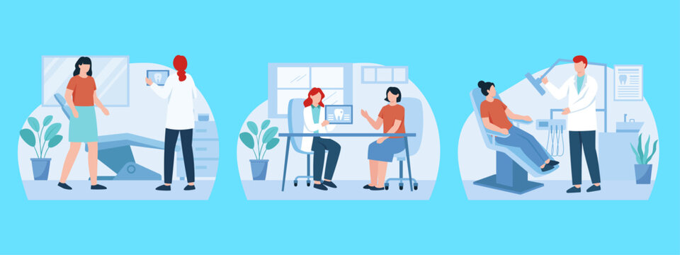 Dental clinic flat vector illustration set, professional dentist consultation and patient treatment scenes, modern stomatology healthcare concept