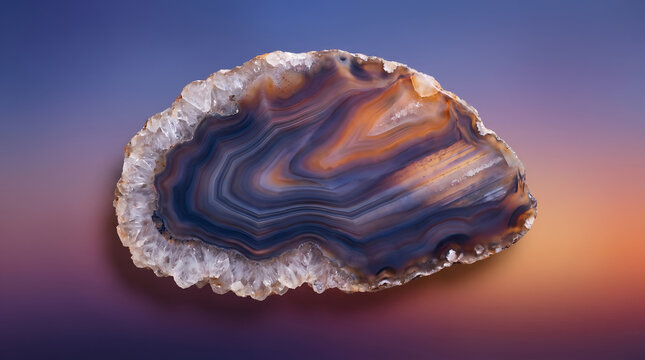 Beautiful glowing agate crystal slice with blue and gold bands, macro mineral stone texture.