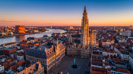Obraz premium Panoramic aerial view of Antwerp city center at sunrise with the Cathedral of Our Lady and the MAS museum.