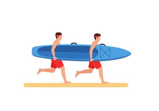 Two Lifeguards Carrying Rescue Board While Running on Beach