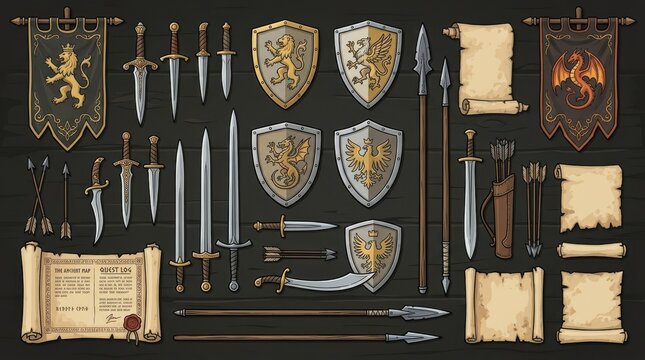 Medieval fantasy sword shield spear weapon collection