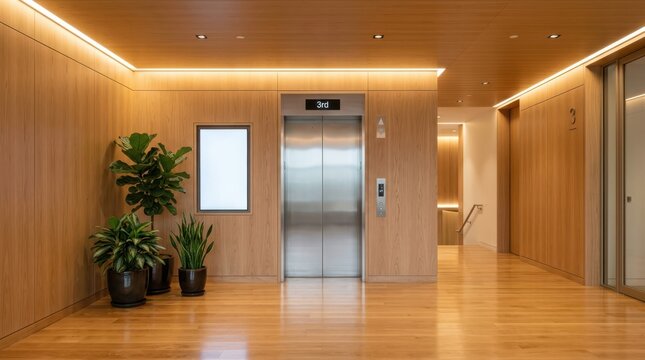 Modern office building elevator lobby with wood paneling potted plants and stainless steel doors interior architectural detail