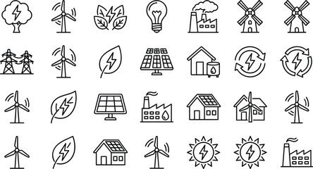 Renewable energy and eco friendly technology line icons set featuring solar panels wind turbines green electricity recycling symbols and sustainable power infrastructure for environmental conservation © MdGohurul