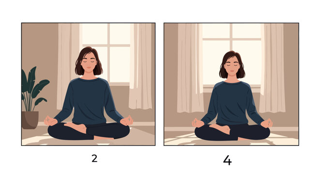 Young woman practicing meditation and yoga breathing exercises at home for mental health.
