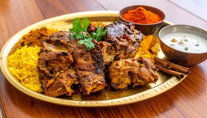 Fototapeta premium Golden roasted camel meat with Arabian spices and rice platter, royal desert feast atmosphere