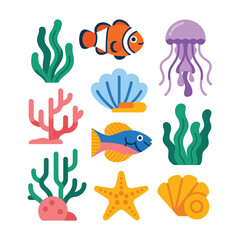 Fototapeta premium Underwater Reef Icon Set, Fish Starfish Shell Jellyfish Seaweed Coral, Colorful Flat Vector Sticker Pack, Cute Ocean Clipart Collection