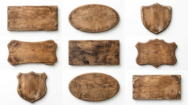 Collection of 9 rustic wooden signs in various shapes and sizes for decoration or messaging