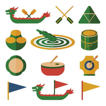 Dragon Boat Festival, Boat With Drum Oars Flags Bowl Bamboo, Flat Illustration, Sticker Pack Icon Set, Clipart Collection Elements