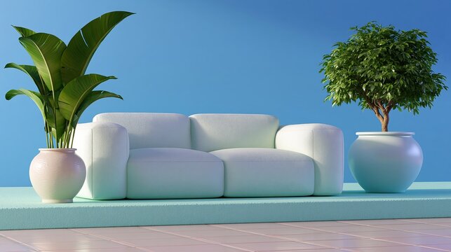 White sofa with indoor plants against blue wall. Concept of housing unaffordability and expensive real estate market. Minimalist interior design for home staging and rental crisis.