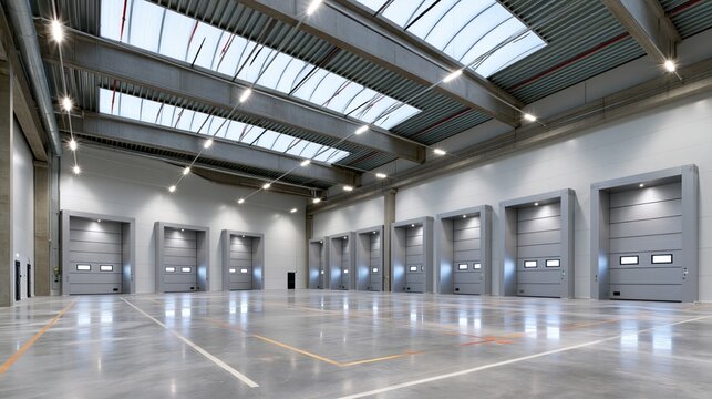 Spacious industrial warehouse interior with multiple loading docks and bright overhead lighting