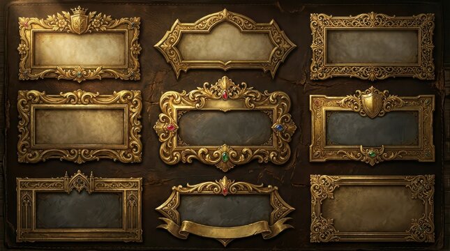 Ornate gold picture frames on dark brown background for elegant decor