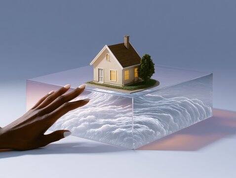 Woman hand reaching for miniature house trapped inside glass block. Concept of unaffordable housing and unreachable dream of real estate ownership. Financial crisis and investment barrier.