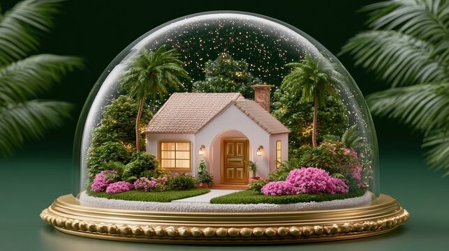 Small house inside a glass dome. Concept of housing affordability and unattainable dream home. Real estate crisis and inaccessible property market. Miniature garden decor for home.