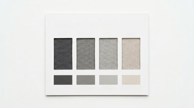 Compression swatch card displays four textile samples ranging from dark grey to beige colors on a clean white background.
