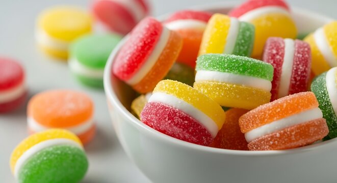 Colorful assorted hard candy pieces in white bowl on light surface