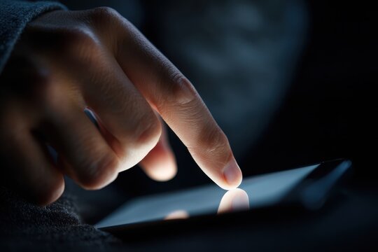 Use of cellphone at night. Point finger on screen phone closeup, person texting text message, touch screen smartphone. Close up, online wi-fi. Person using in hands mobile phone close up in the dark