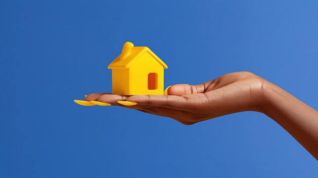 Woman holding small yellow house model on hand. Concept of expensive real estate, housing crisis and unreachable home ownership. Investment, property insurance and financial savings.