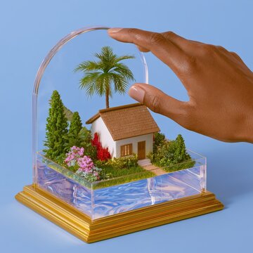 Woman hand protects miniature house model under glass dome. Concept of housing crisis and real estate unaffordability. Dream home ownership difficulty and inaccessible property security.