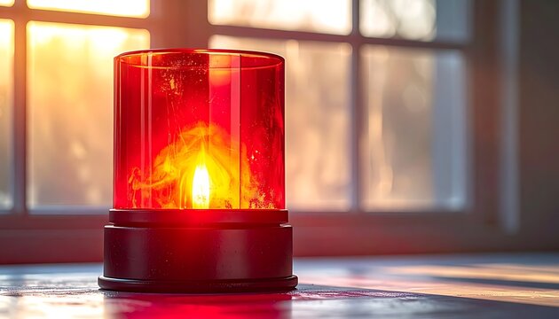 Red warning light flashing with fire inside, casting a warm glow on a reflective surface by a window during sunset, emergency alert or danger concept