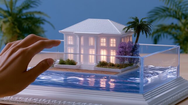 Woman reaching toward a miniature luxury tropical villa inside a glass display case. Concept of unaffordable housing, unattainable real estate dreams and inaccessible luxury property market.