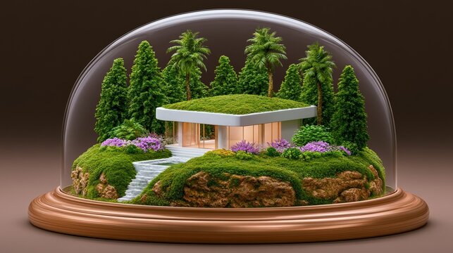 Luxury modern house inside a glass dome. Exclusive residence as a scarce trophy asset. Concept of housing unaffordability and limited elite property market access for wealthy residential buyer.