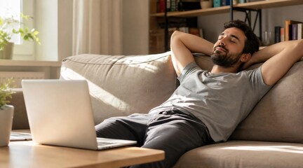 Fototapeta premium Relaxed Man Taking a Break from Remote Work on Sofa at Home