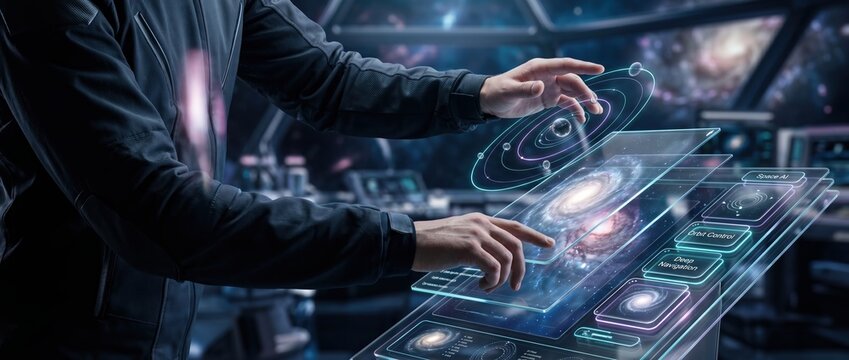 Hands interacting with a futuristic holographic interface showing celestial bodies and data in a spaceship cockpit