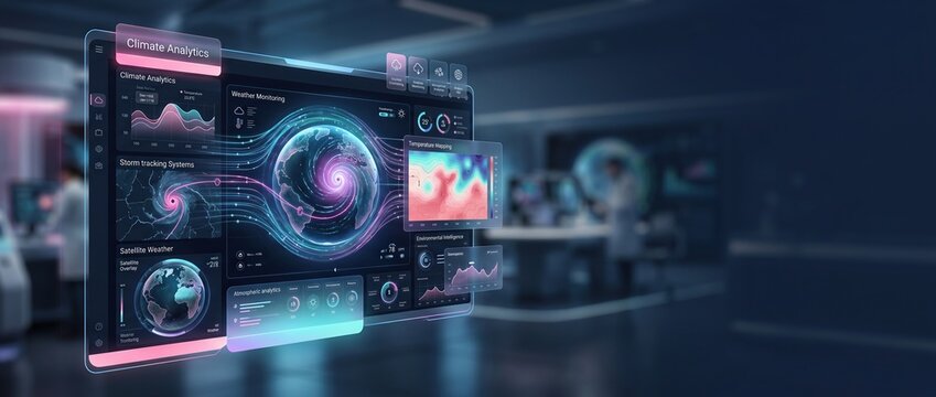 Holographic climate data display with swirling vortex and global weather patterns in a modern lab