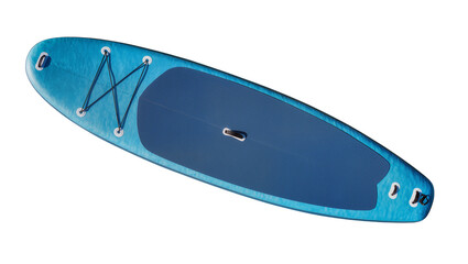Isolated inflatable stand up paddleboard with blue deck pad and bungee cords for watersports © Ciara