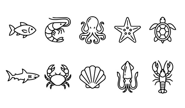 Sea food sea life minimal icons fish shrimp vector set