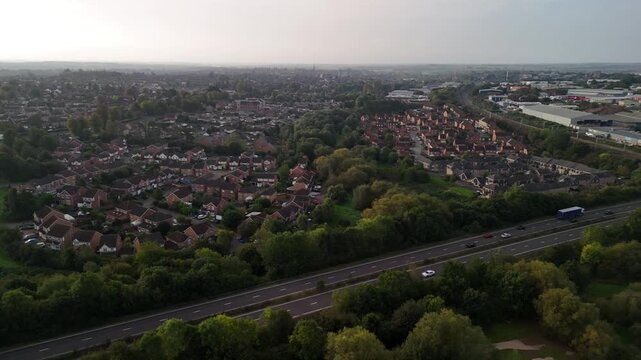 Aerial View of Suburban Housing Estate and Motorway in Kettering Northamptonshire England