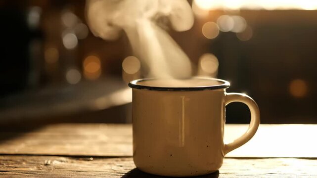 Steaming Hot Beverage in Rustic Mug on Wooden Table with Bokeh Background