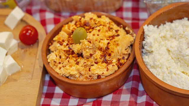 Traditional Serbian Cuisine Bowl of Urnebes Salad Hot Condiment Cheese Spread