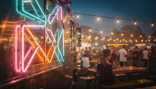 Nighttime food truck park featuring focused neon sign on a food truck window softly blurred crowd mingling and illuminated picnic tables under cozy overhead lights.