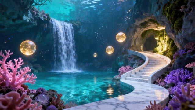Underwater cave with waterfall and glowing orbs