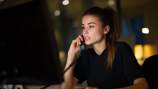 Smiling female healthcare receptionist in navy scrubs sitting behind computer at clinic front desk, friendly medical office service concept Keywords: medical receptionist, healthca