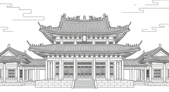 Traditional Chinese Temple Architecture Line Art Illustration Featuring Ornate Roofs, Ancient Gates, and Pagoda Style Buildings for Cultural Heritage, Travel, and History Design Projects